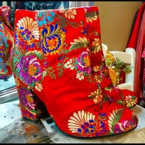 Bamboo Red Namaste Floral Satin Brocade Heel Boots